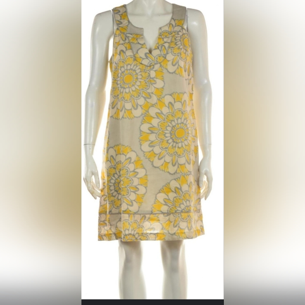 Ann Taylor Loft Linen Dress Sundress Shift yellow cream gray floral